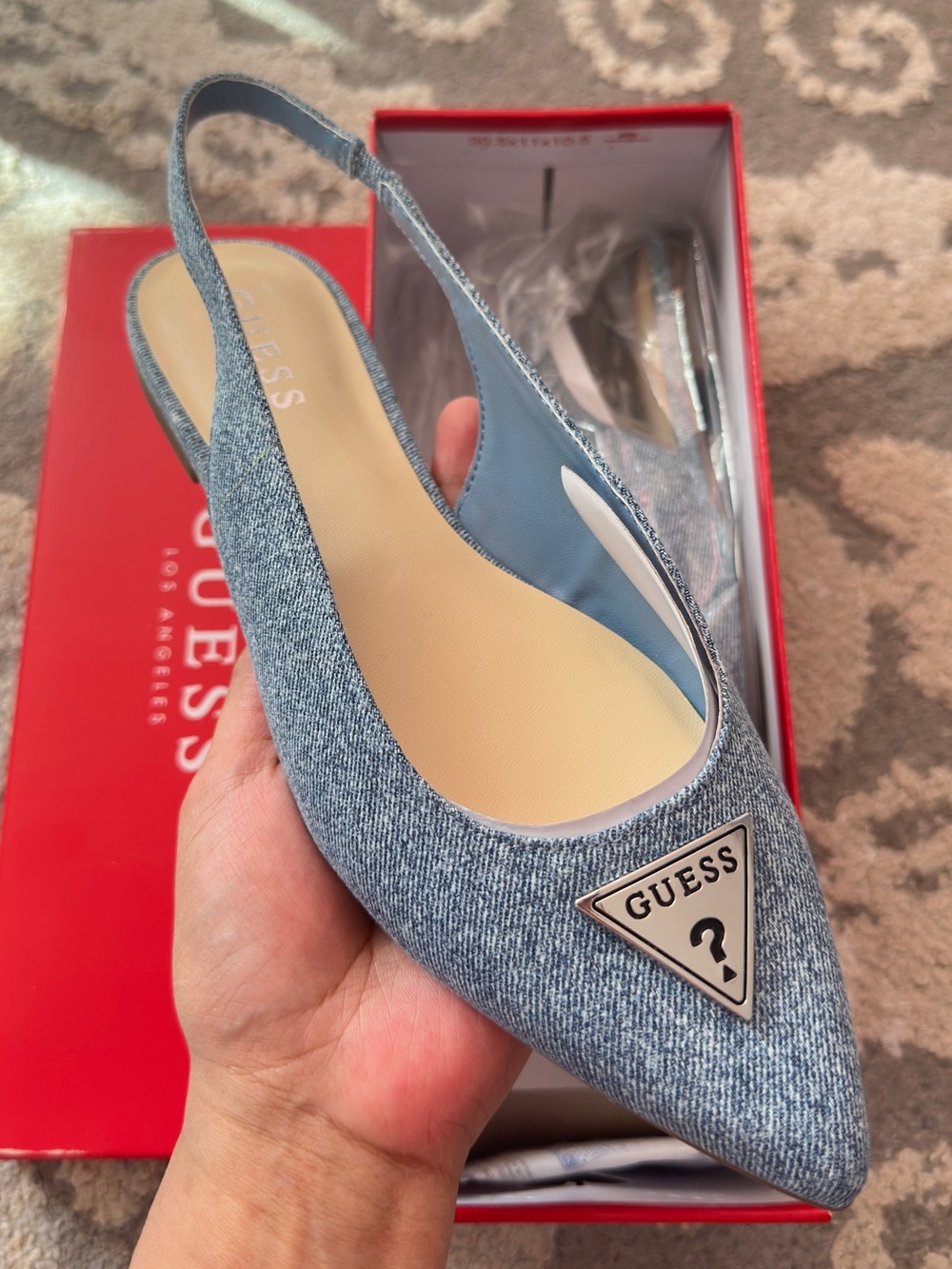 GUESS Light Blue Denim Pointed Toe Slingback Flats